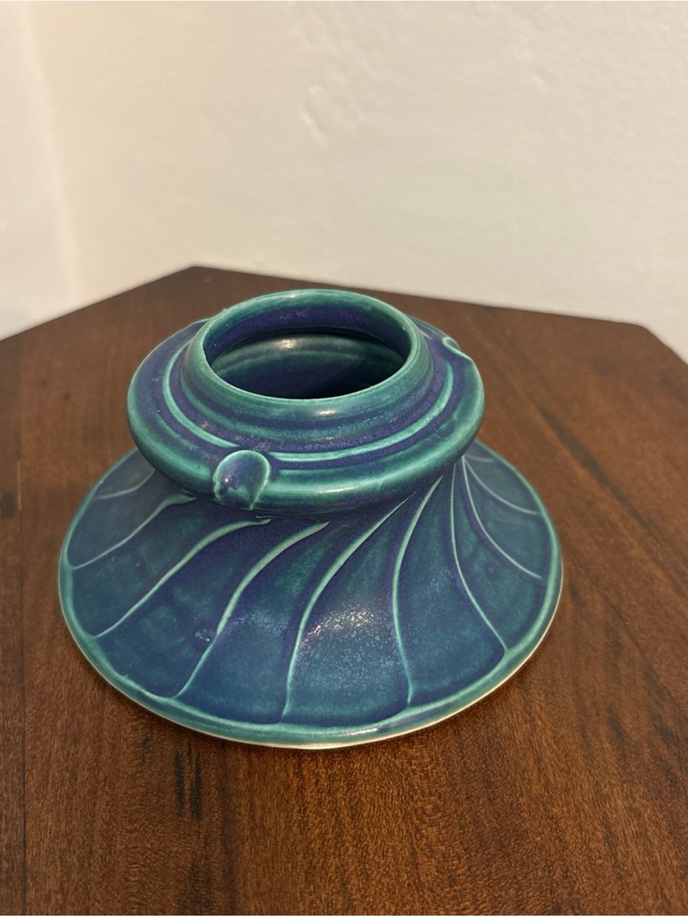 La Pointe Pottery Ceramics Blue Green Handmade Flower Holder Vase w/ Frog